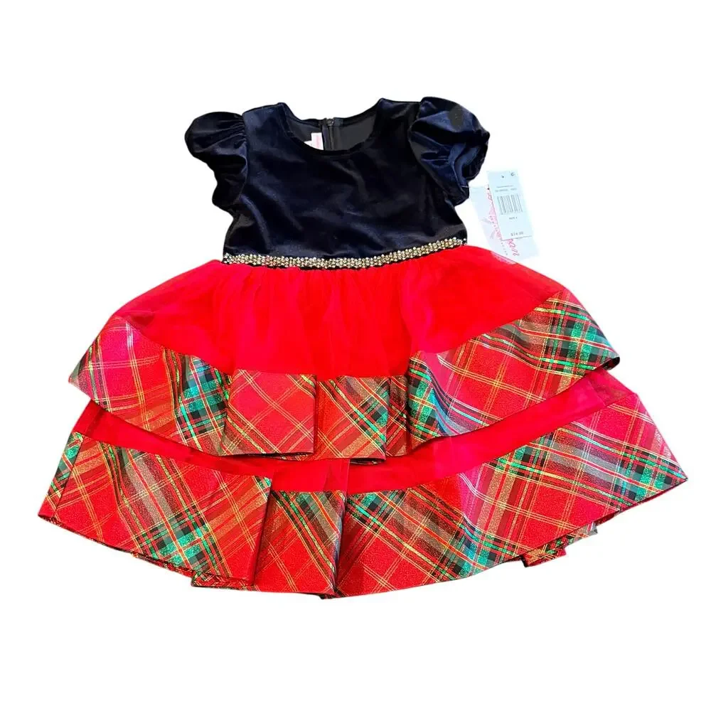 Bonnie Jean Red Velvet & Plaid Tiered Holiday Dress Girls New Christmas Size 4